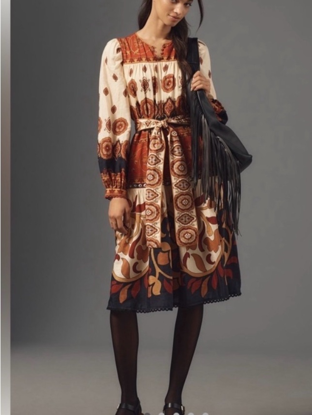 FARM Rio Bohemian Floral Print Tie-Waist Dress in Cream & Rust